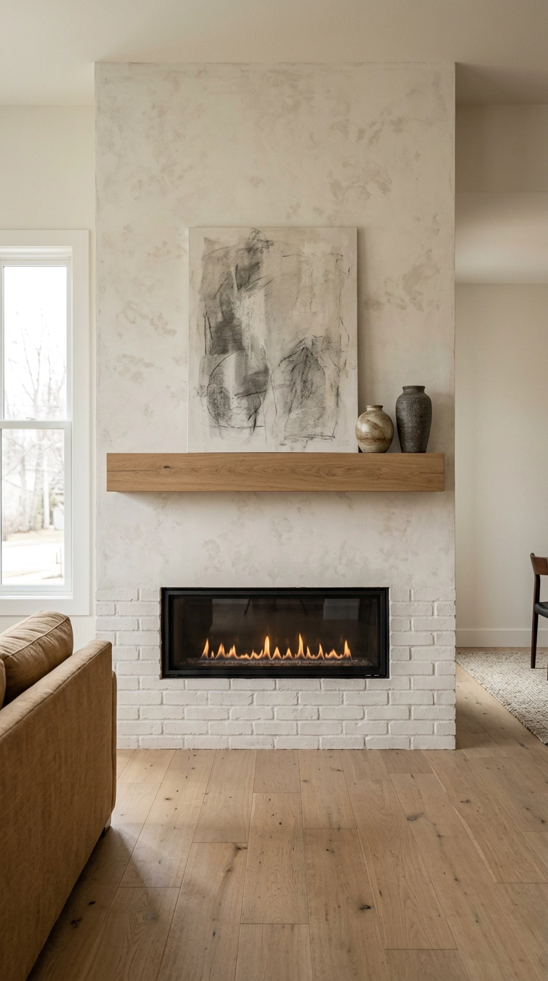 Bone-white limewashed brick gas fireplace with a white oak mantel and leaning abstract art