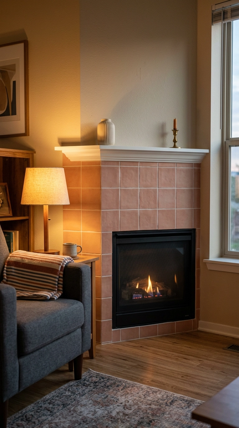 Terracotta peel and stick tile covering a rental gas fireplace surround