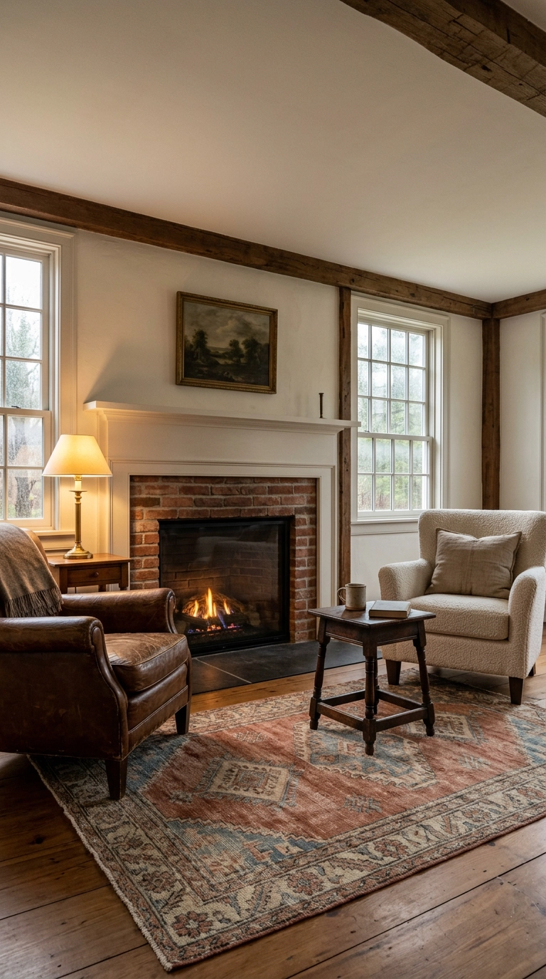 Faded vintage Turkish wool rug anchoring two armchairs facing a brick gas fireplace