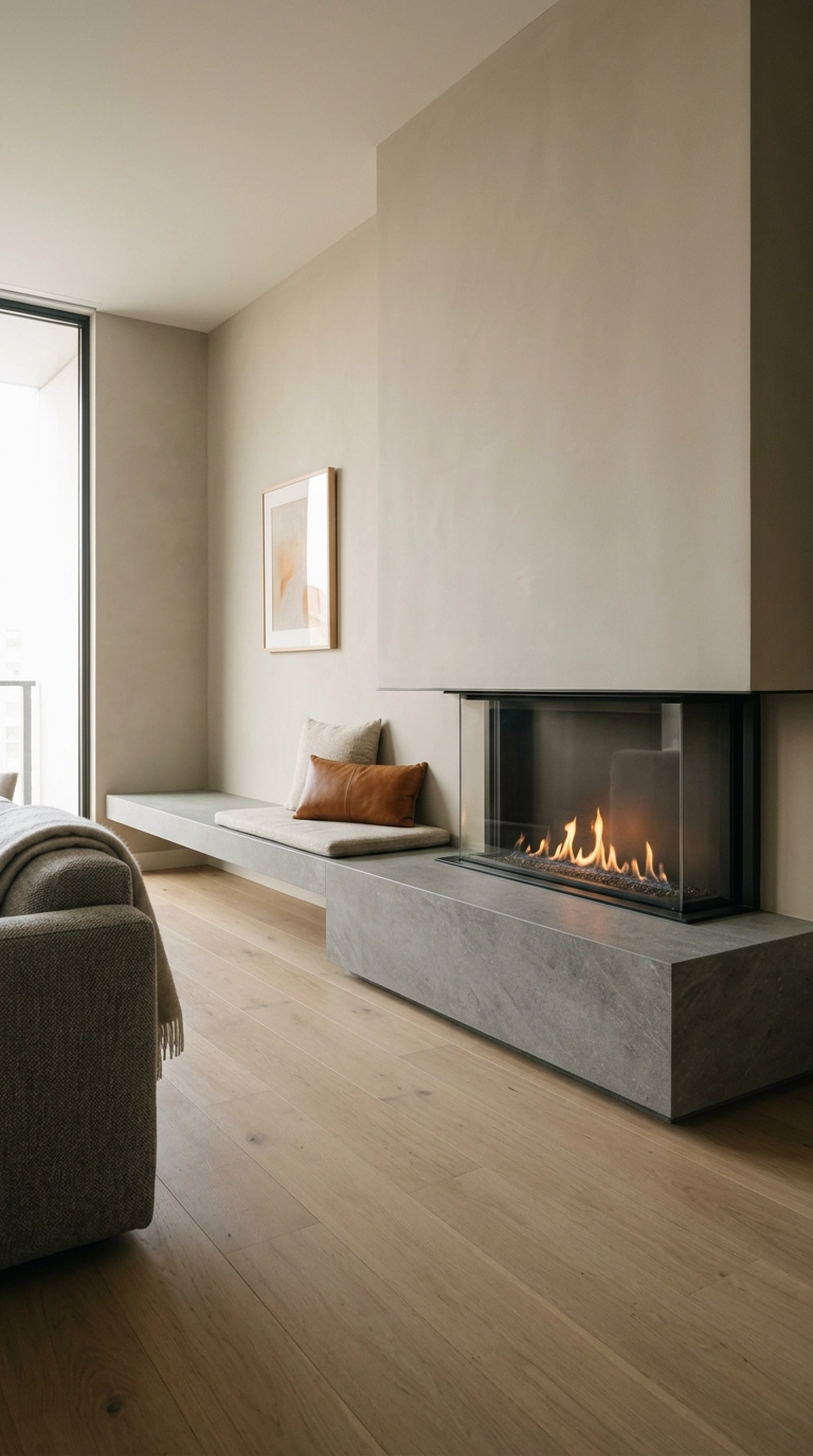Gas fireplace hearth extended into a long low limestone bench with linen cushion