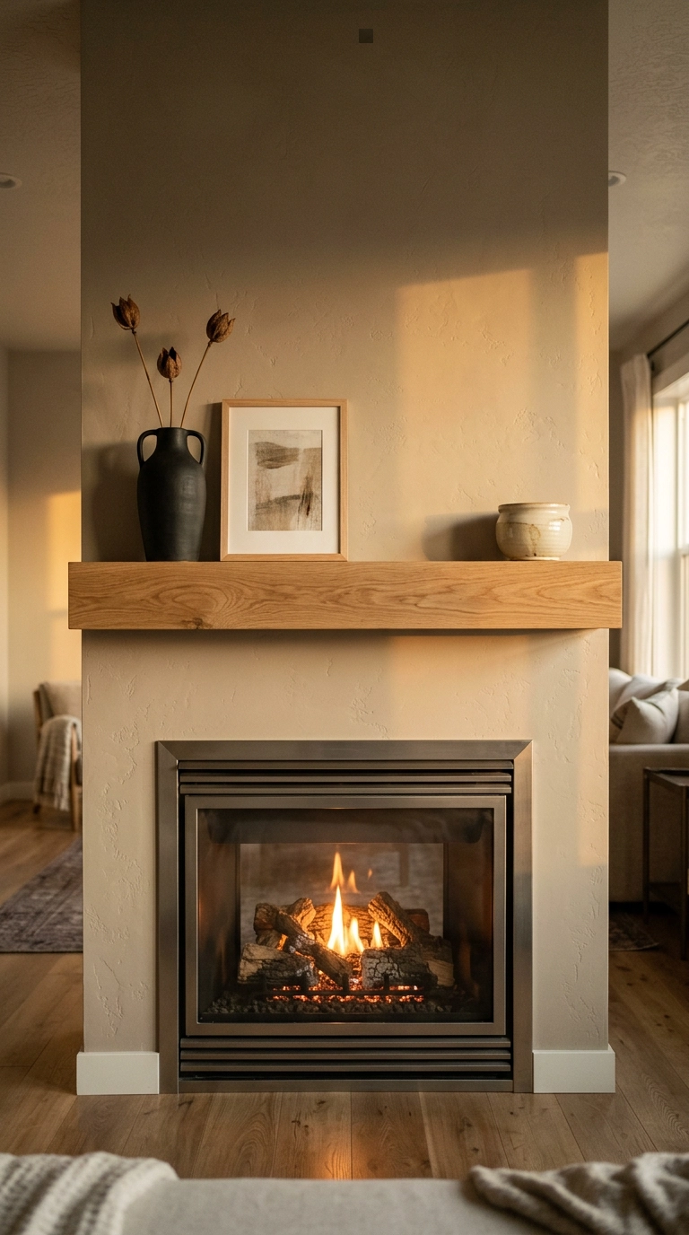Asymmetrical mantel styling with a tall black vase, leaning print, and cream bowl