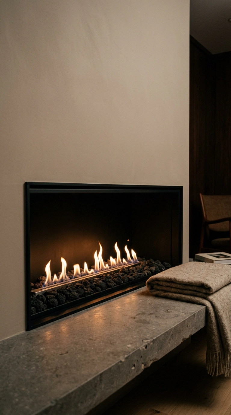 Black lava rock media in a linear gas fireplace with low amber flames