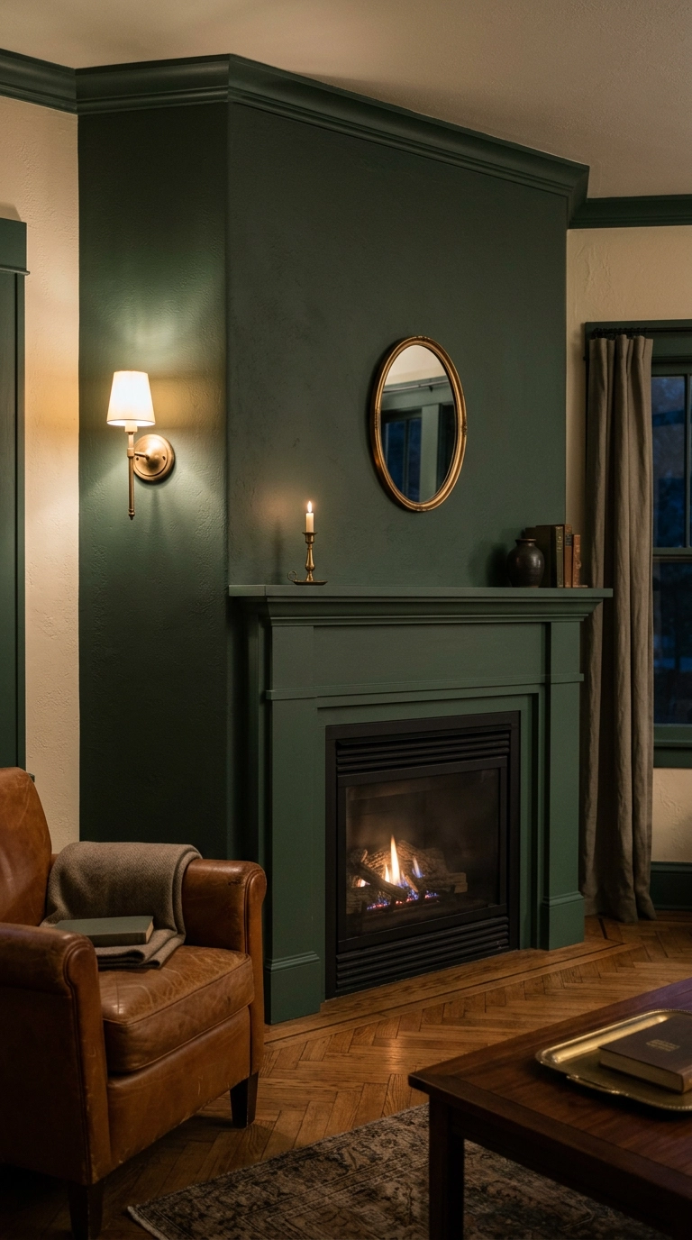 Deep forest green color-drenched fireplace wall with brass sconce and gas firebox
