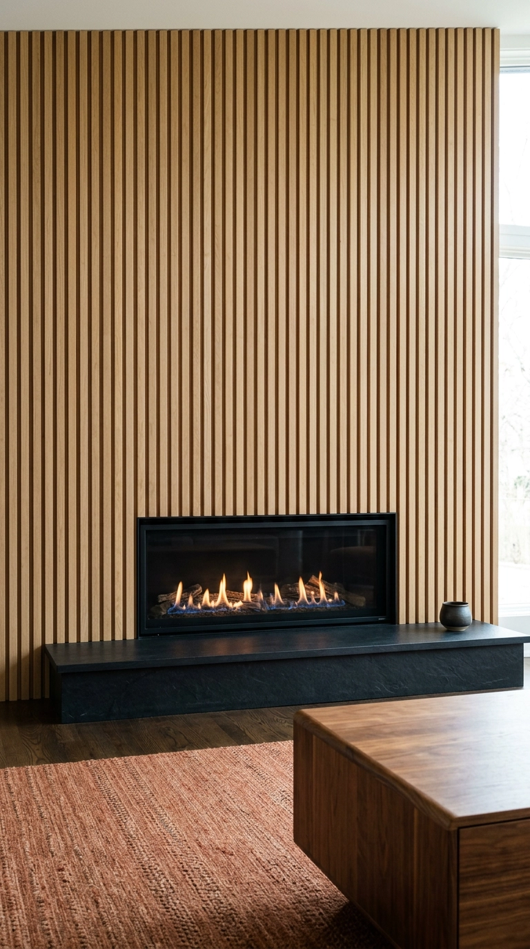 Vertical white oak slat wall cladding flanking a linear gas fireplace