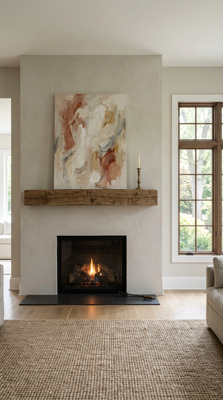 Oversized abstract canvas leaning on a reclaimed oak mantel above a gas fireplace