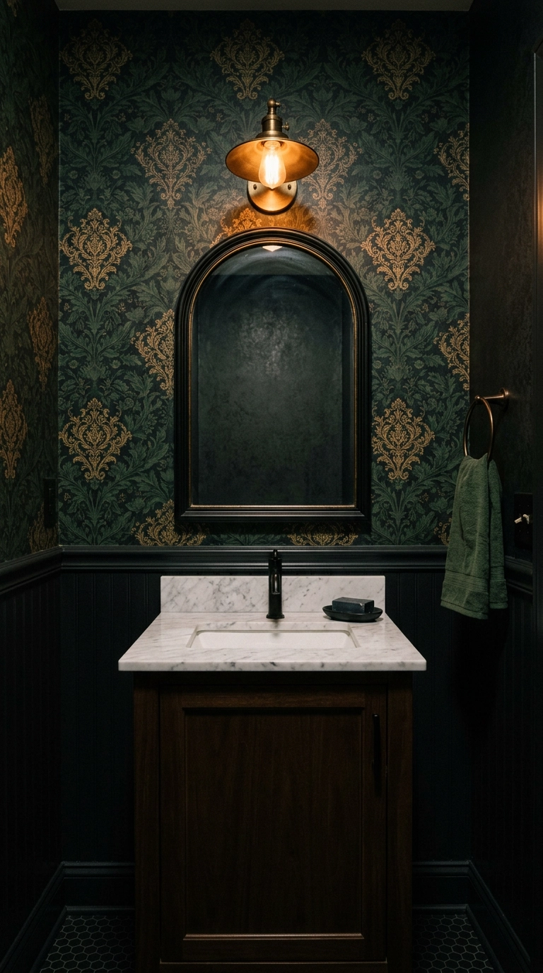 Dark green and gold damask wallpaper accent wall with black beadboard in a gothic powder bathroom