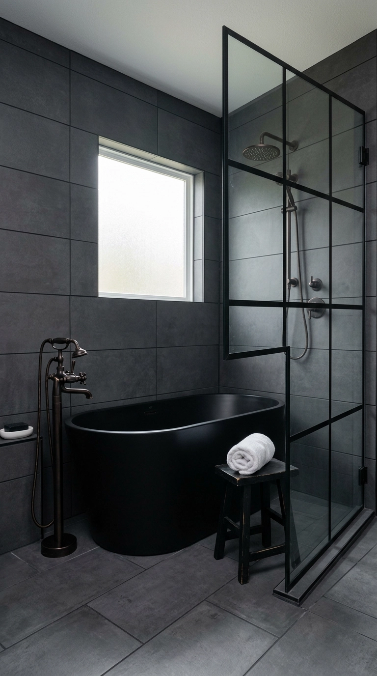 Matte charcoal tile with dark grout around a black freestanding tub in a gothic bathroom