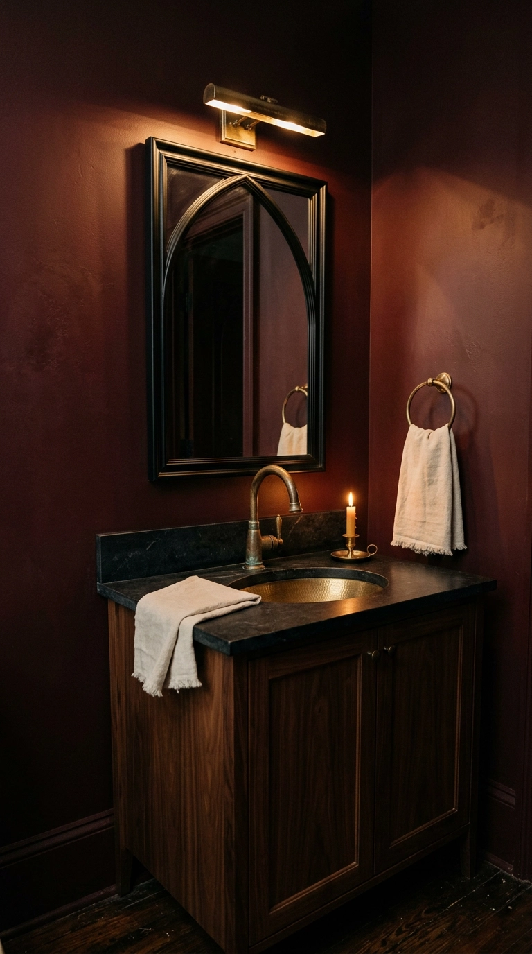 Deep oxblood walls with a walnut vanity and brass faucet in a small gothic guest bathroom
