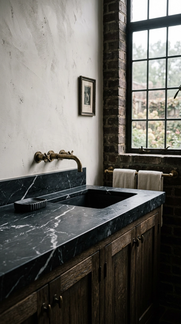 Honed black marble vanity slab with white veining and aged brass faucet in a gothic bathroom