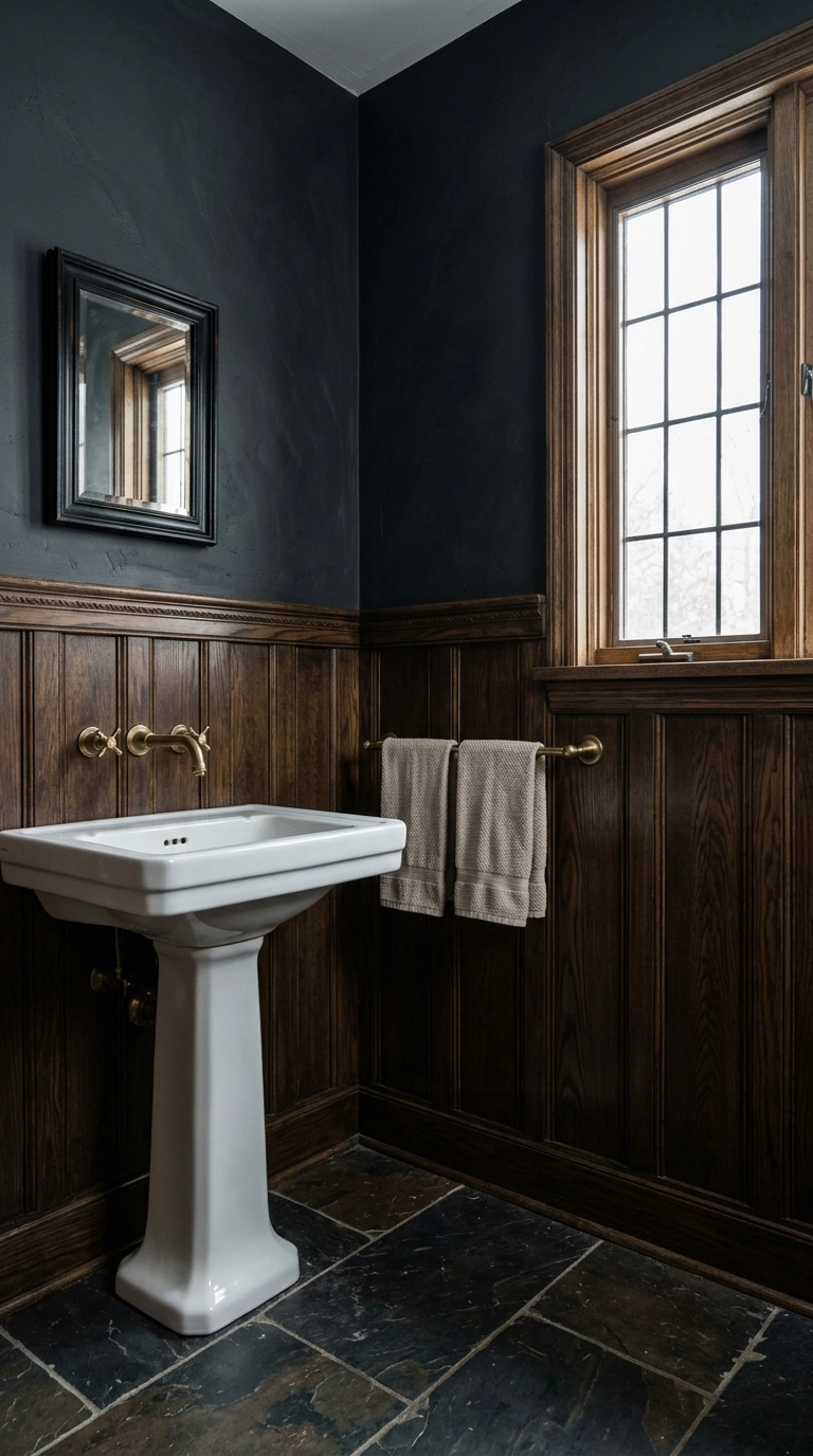 Dark stained oak panel wall molding below charcoal plaster in a gothic bathroom