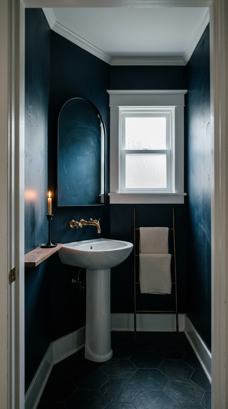Color-drenched ink blue walls and ceiling with a pedestal sink in a dark academia powder bathroom