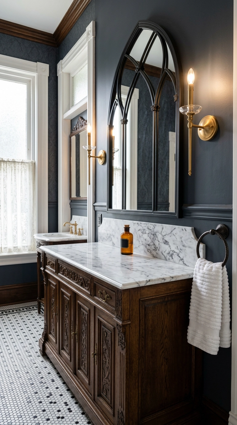Arched black mirror flanked by gold sconces above a marble vanity in a gothic bathroom