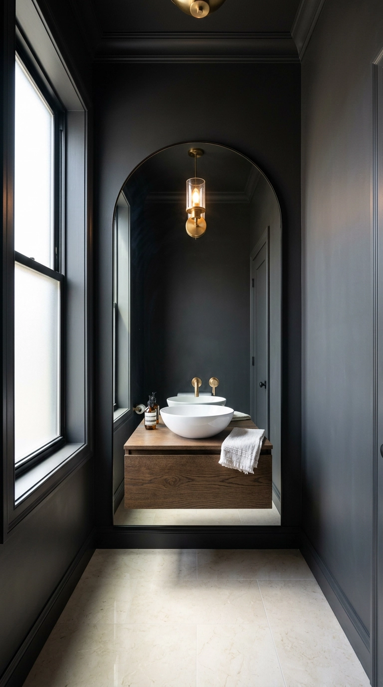 Small dark charcoal half bathroom made to feel larger with an oversized arched mirror