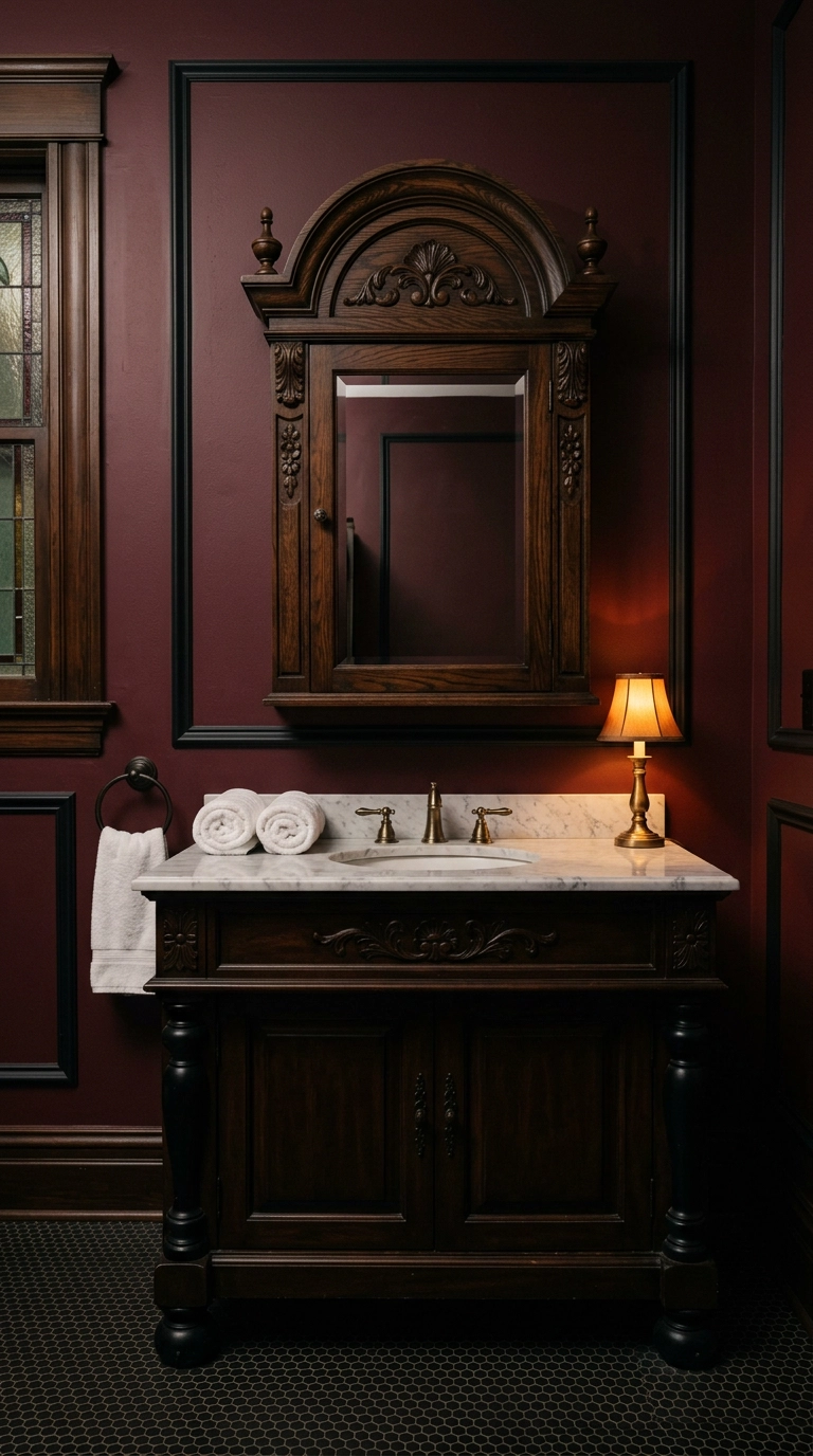 Carved dark wood medicine cabinet and black-legged vanity against burgundy gothic walls