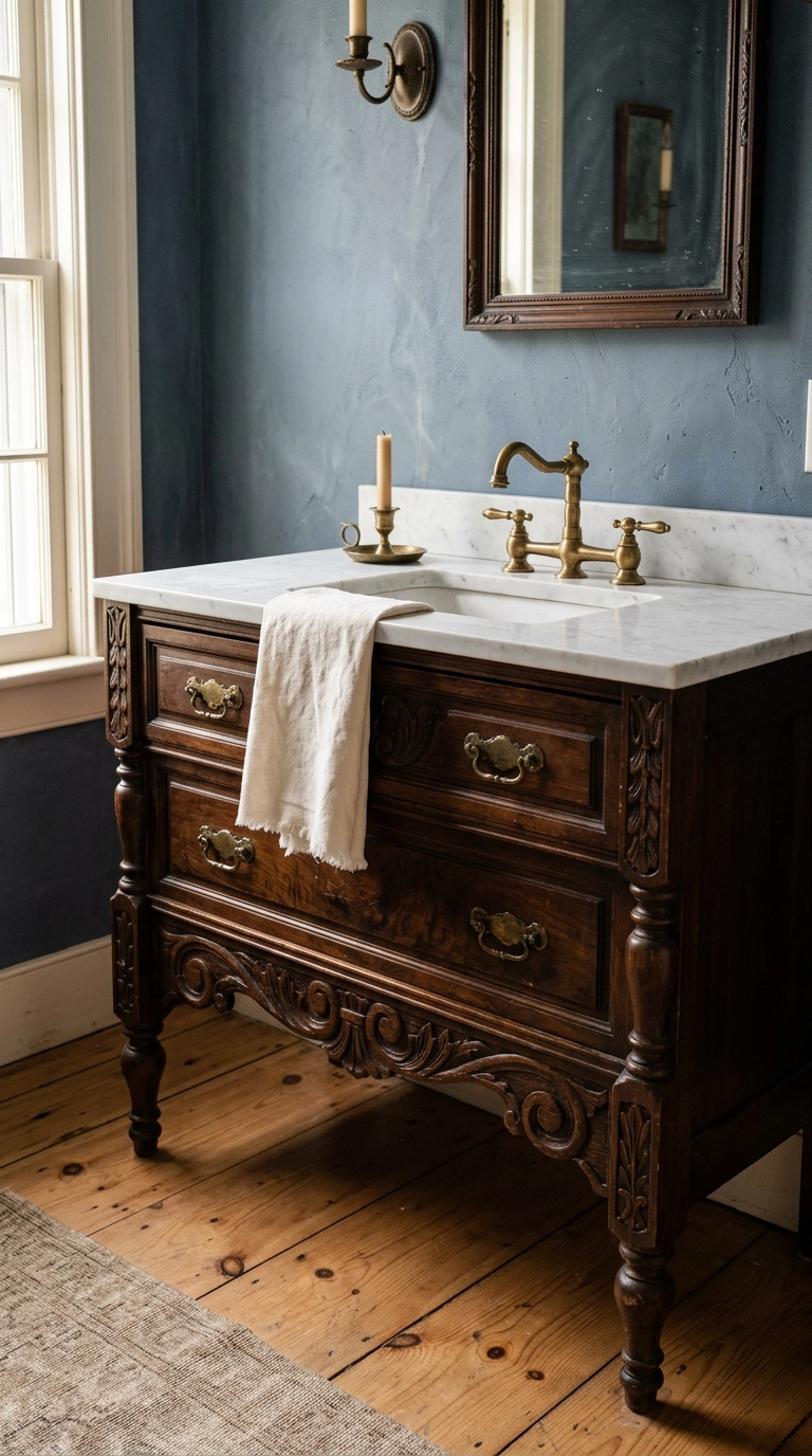 Ornate carved antique dresser converted into a marble-topped vanity in a gothic bathroom