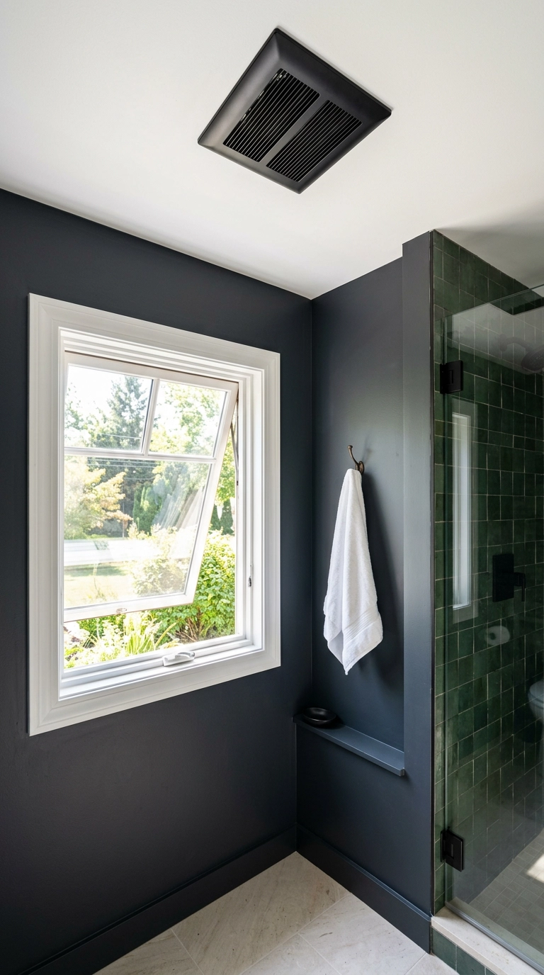 Black flush ceiling exhaust fan and open window in a dark charcoal gothic bathroom