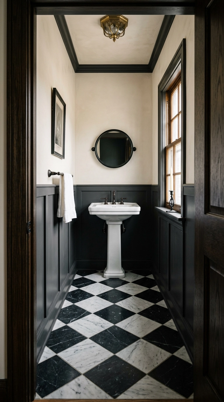 Black and white checkerboard marble floor in a narrow gothic hall bathroom with a pedestal sink