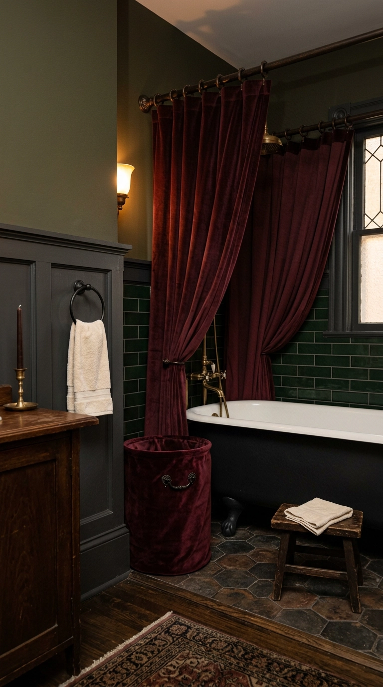 Deep burgundy velvet shower curtain and hamper in a gothic bathroom with a black tub