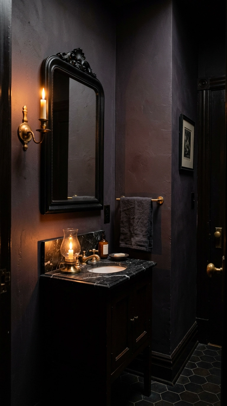 Powder bathroom lit only by a sconce and a single candle with dark charcoal-plum walls