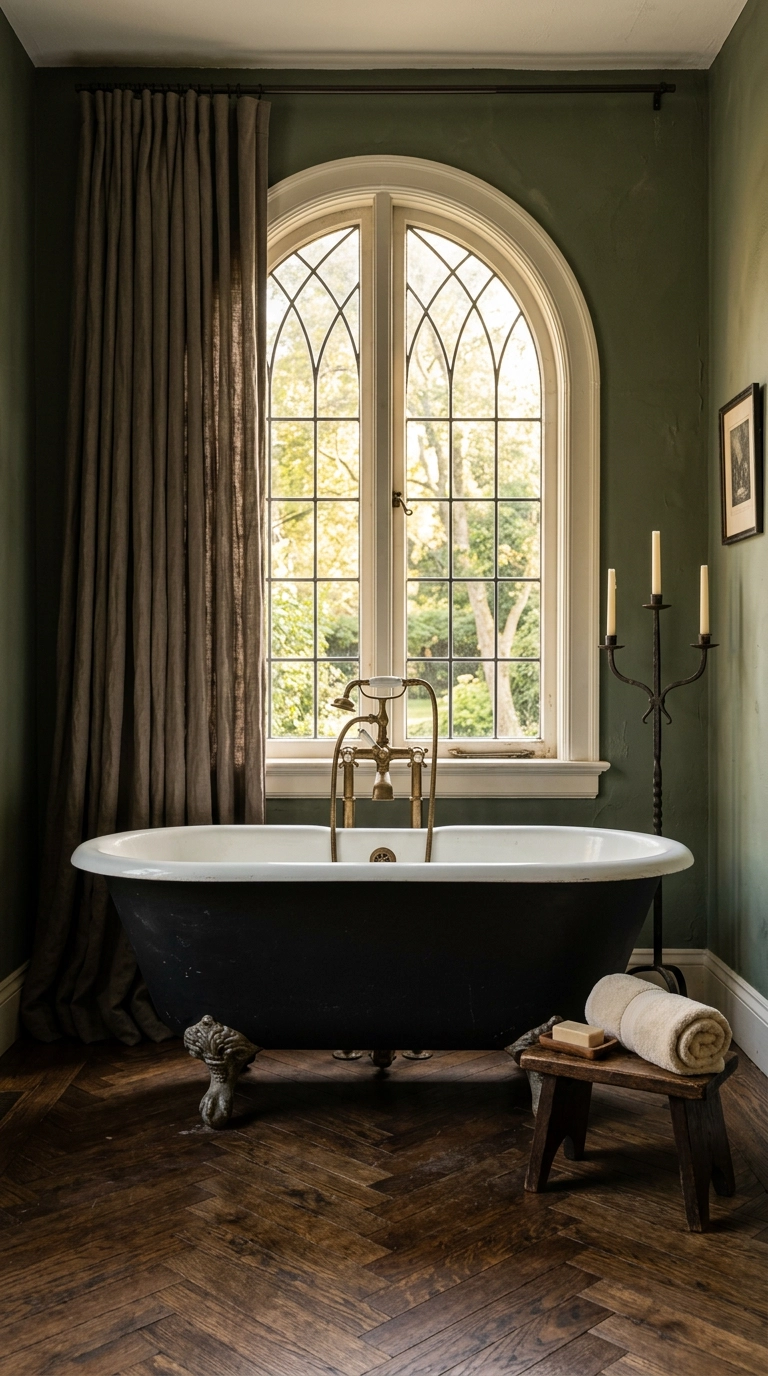 Clawfoot soaking tub in black standing before an arched window in a gothic primary bathroom