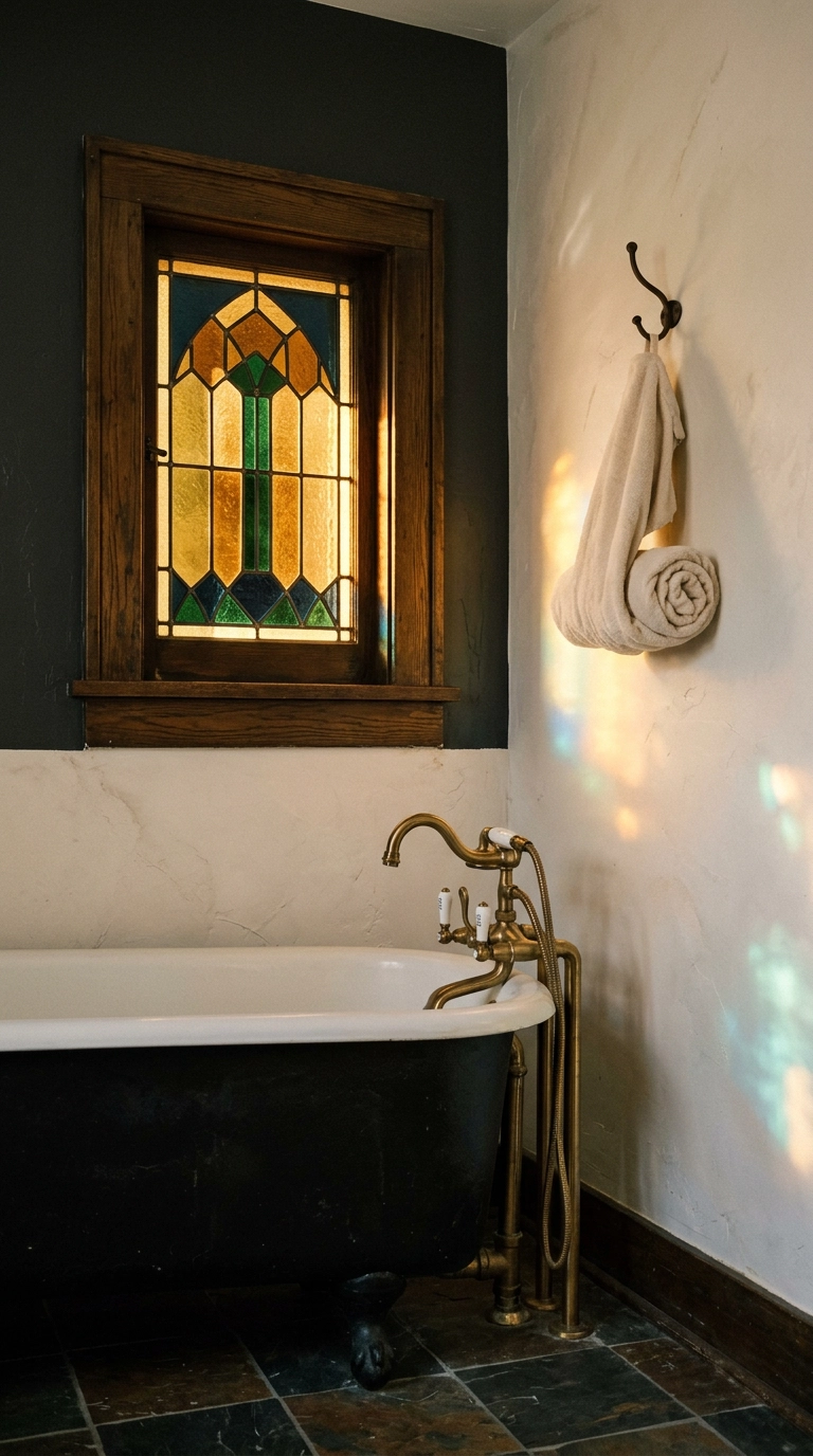 Leaded stained-glass window casting amber and green light across a dark gothic bathroom wall