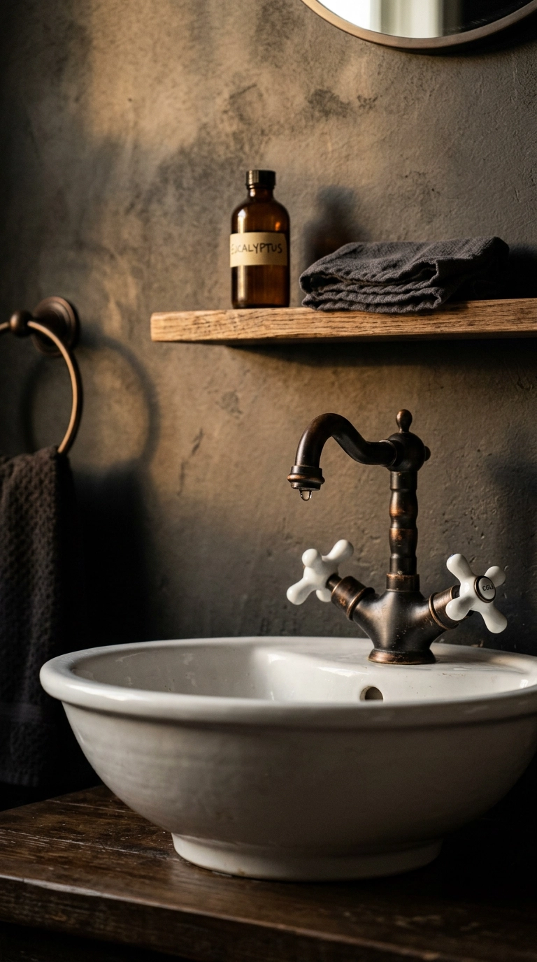 Oil-rubbed bronze faucet with cross handles on a white vessel sink against charcoal plaster