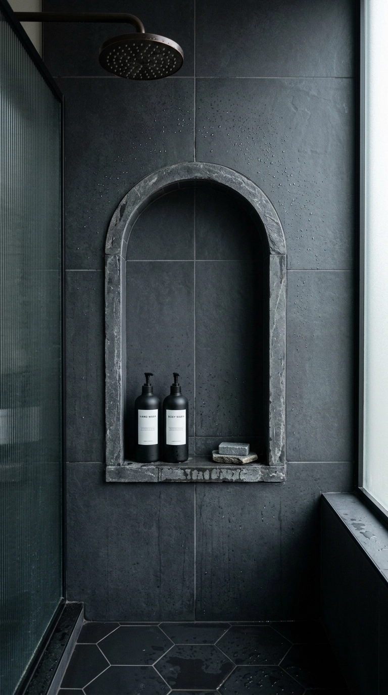 Arched recessed shower niche with black bottles in a dark tiled gothic bathroom