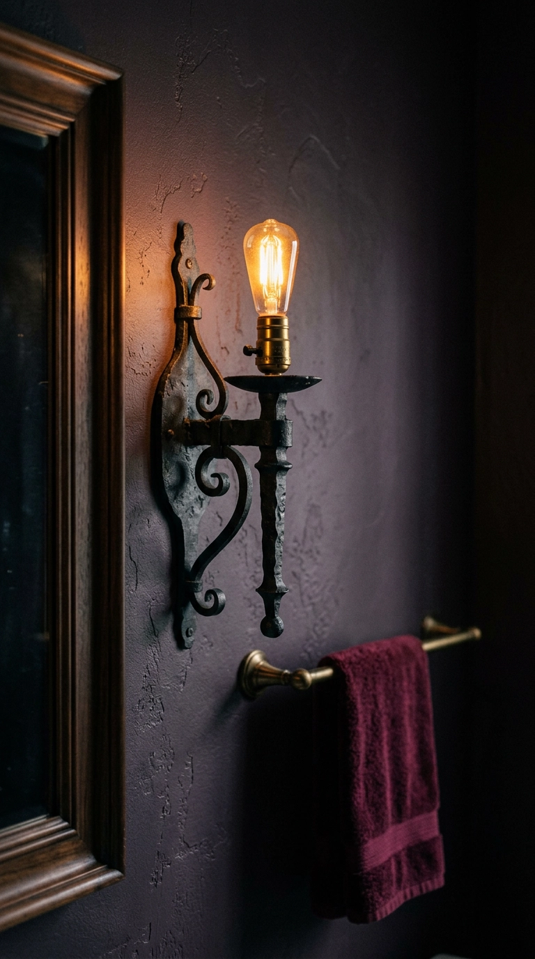Wrought iron candlestick wall sconce glowing warm against a charcoal-plum bathroom wall