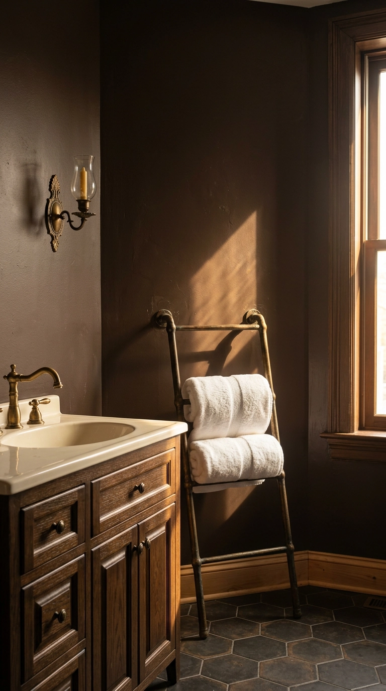Antique brass towel ladder and cabinet knobs against espresso walls in a gothic Victorian bathroom
