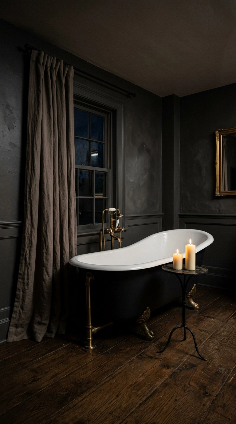 Black freestanding tub lit by two candles in a dark charcoal gothic bathroom at night