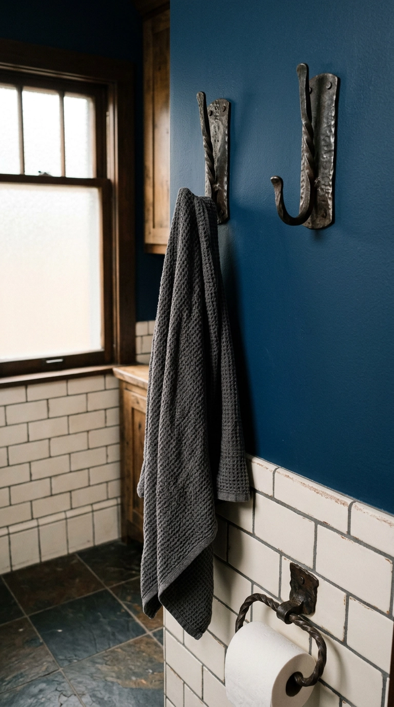 Hand-forged wrought iron towel hooks on an ink-blue wall in a gothic guest bathroom