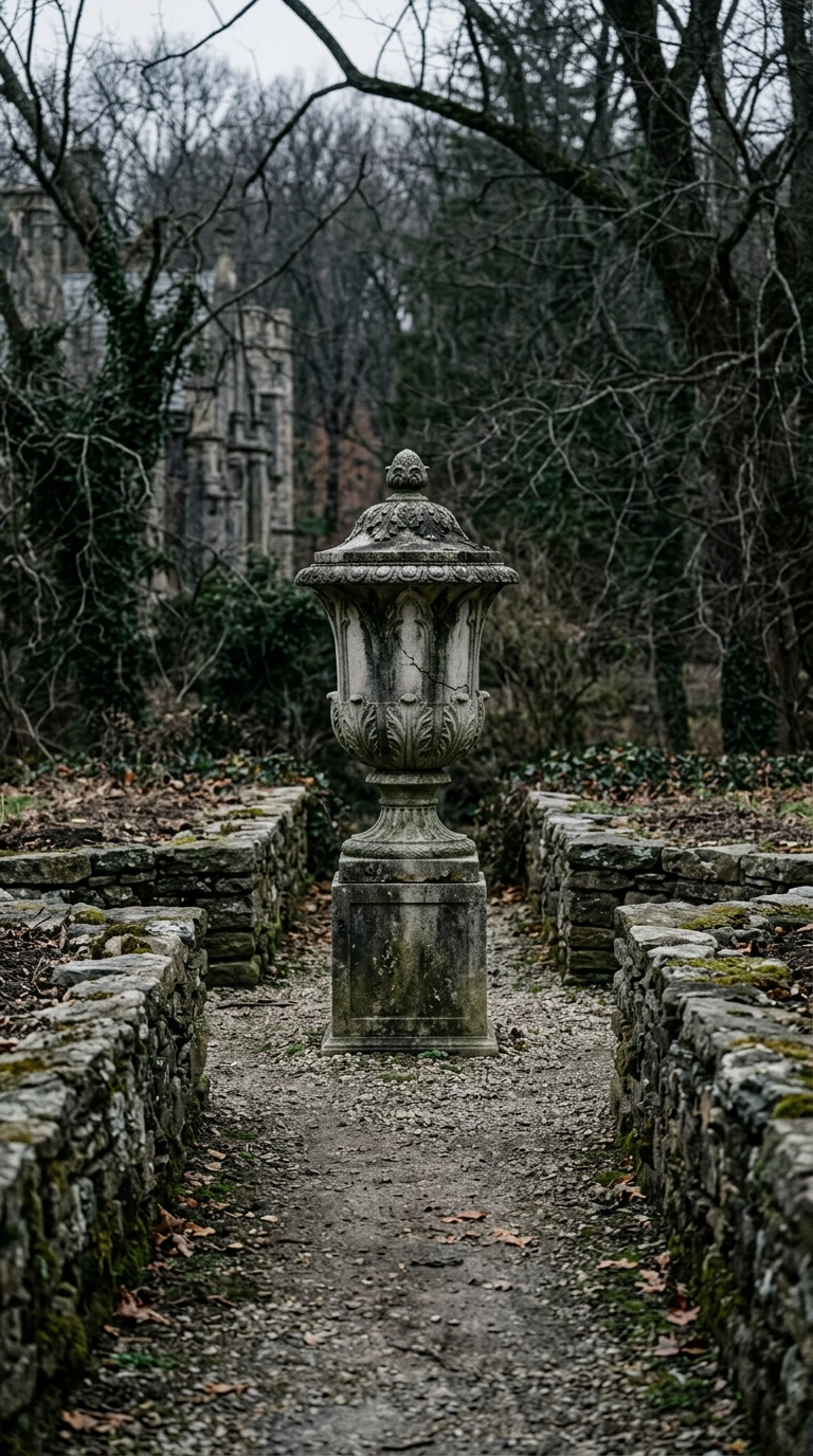 Weathered limestone urn on a plinth closing the view down a narrow gravel walk