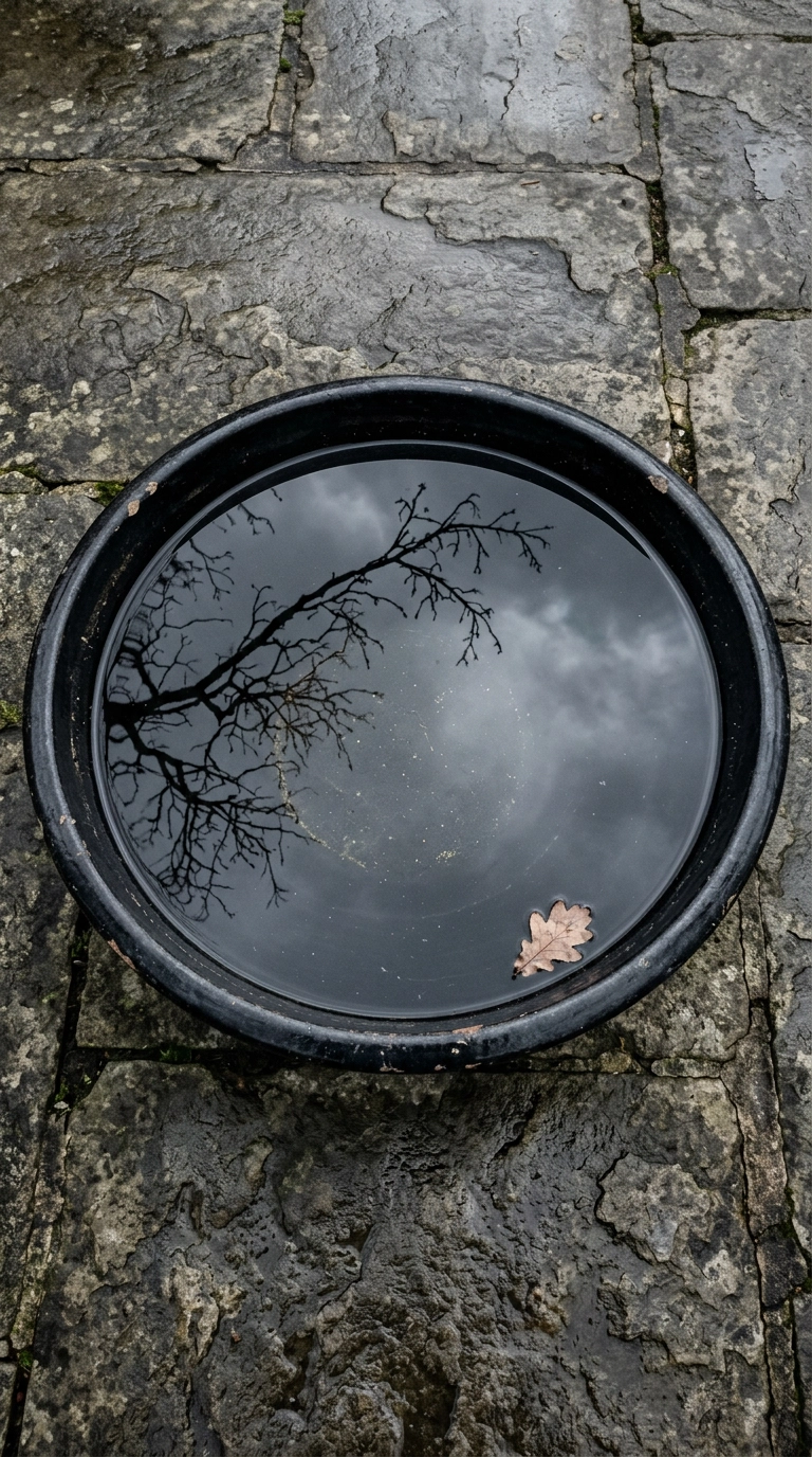 Wide shallow black bowl of still water reflecting a grey sky on stone paving