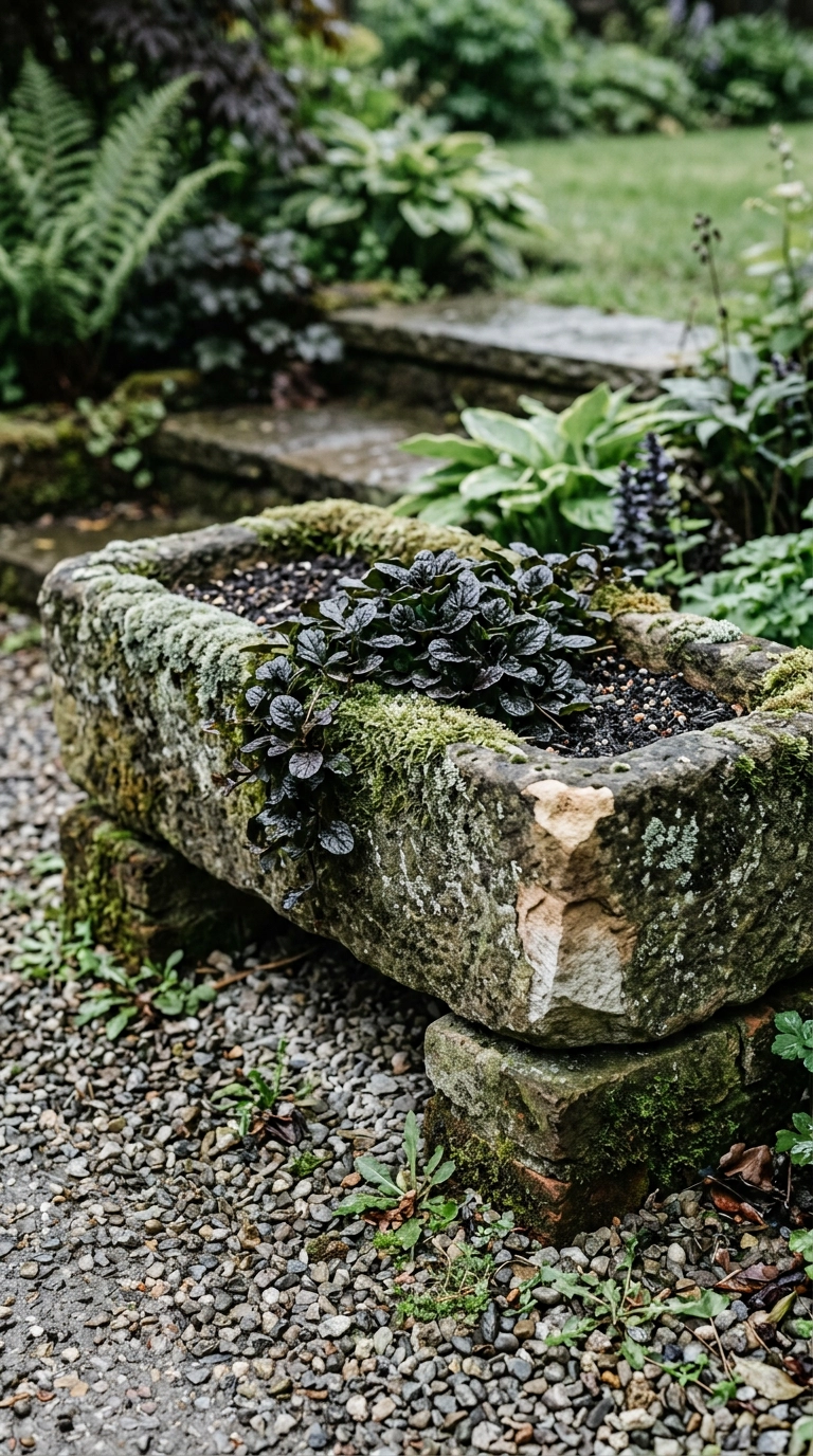 Mossy carved stone trough planted with dark ajuga spilling over the rim