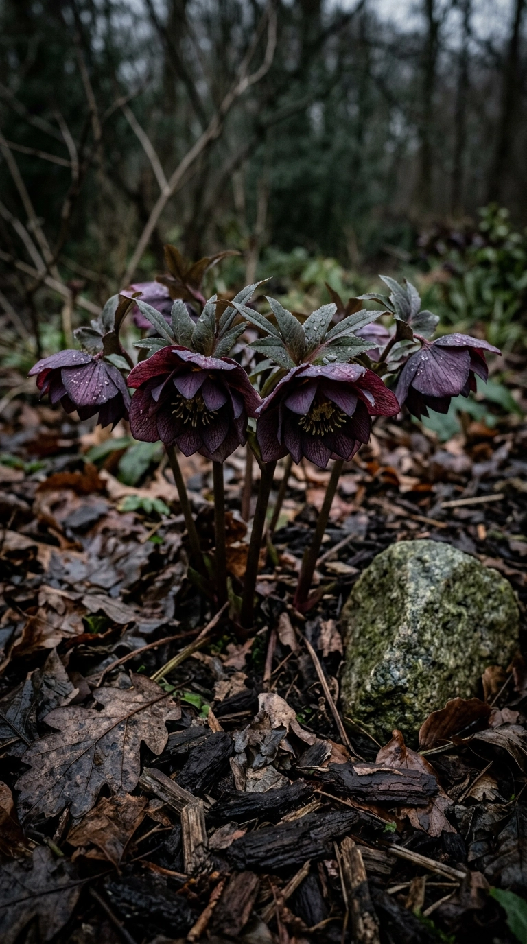 Deep plum-black hellebore flowers blooming above damp leaf litter in late winter