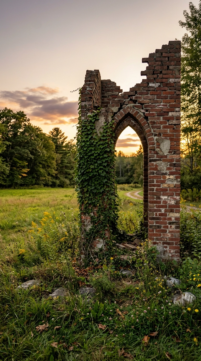 Freestanding pointed brick arch folly with broken edges standing in rough meadow grass