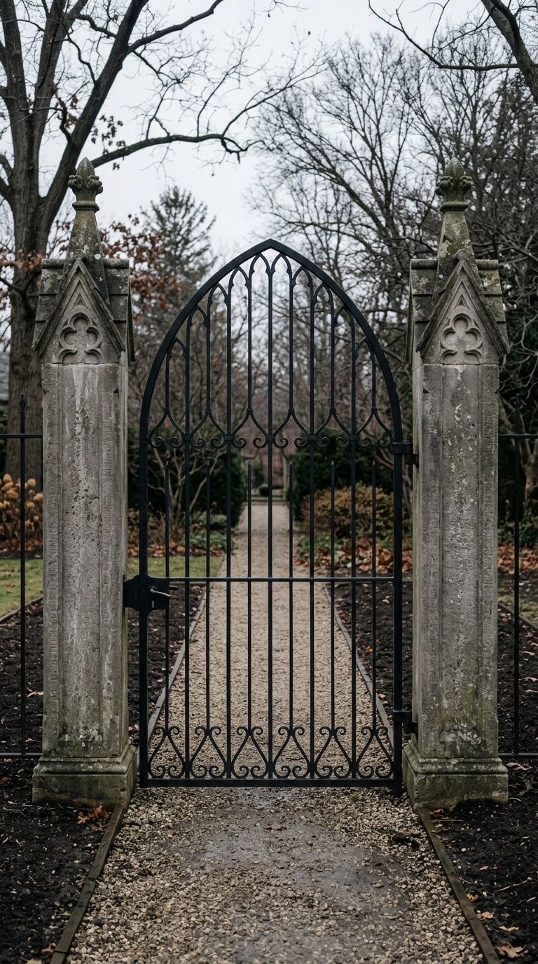 Pointed-arch wrought iron garden gate between weathered limestone piers on a gravel path