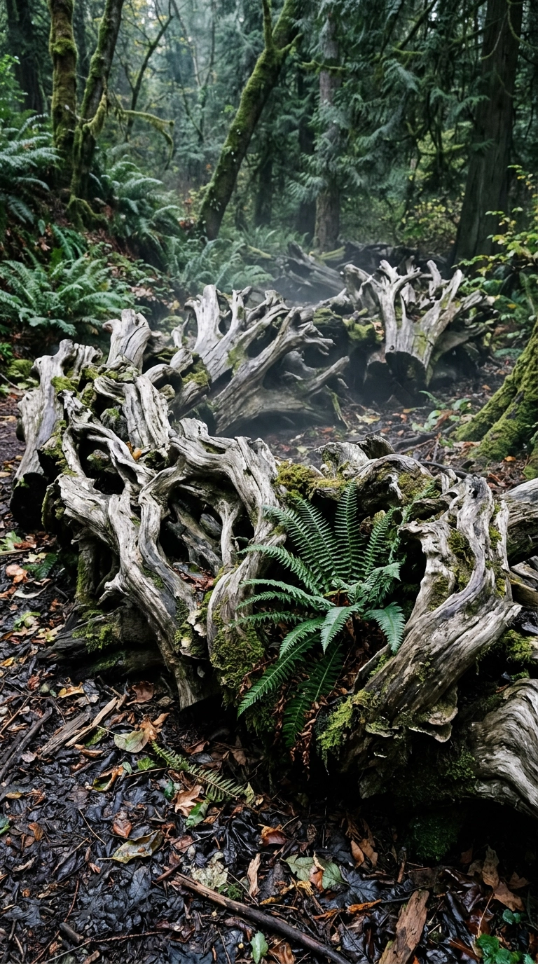 Upturned weathered tree roots forming a mossy stumpery wall with a fern growing from a hollow