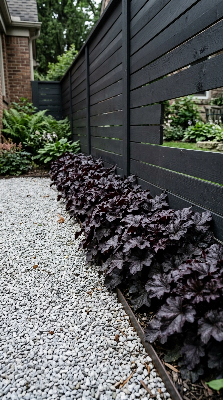 Mass planting of burgundy-black heuchera along a charcoal-stained cedar fence with grey gravel