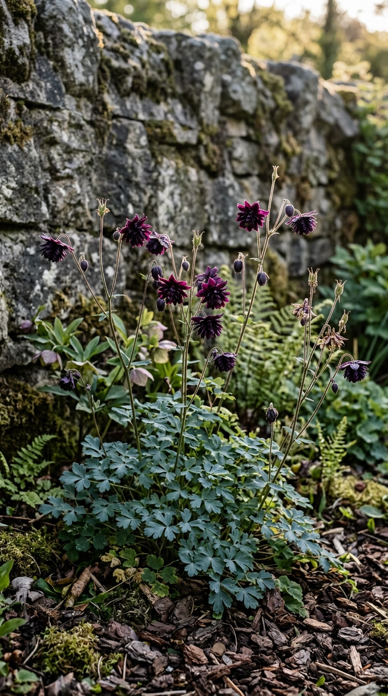 Deep purple-black Black Barlow columbine flowers nodding in front of a weathered stone wall