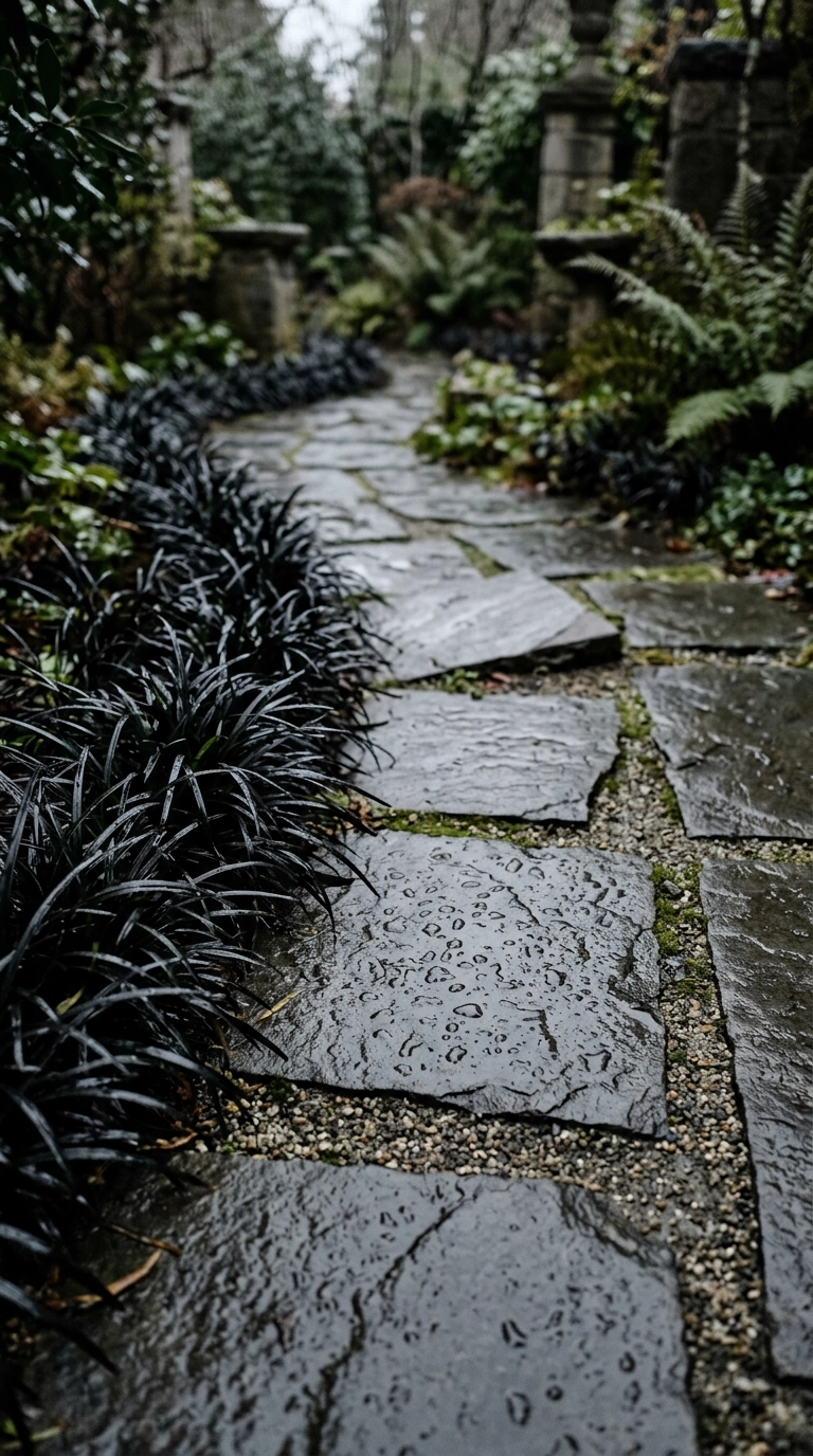 Black mondo grass edging rain-darkened bluestone stepping stones in a garden path