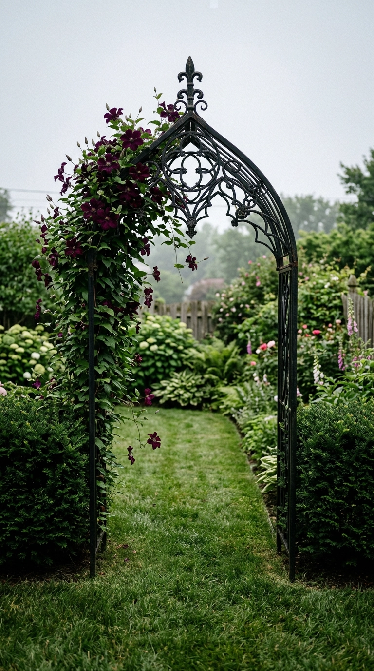 Black wrought iron pointed arbor covered with dark wine-purple clematis over a grass path
