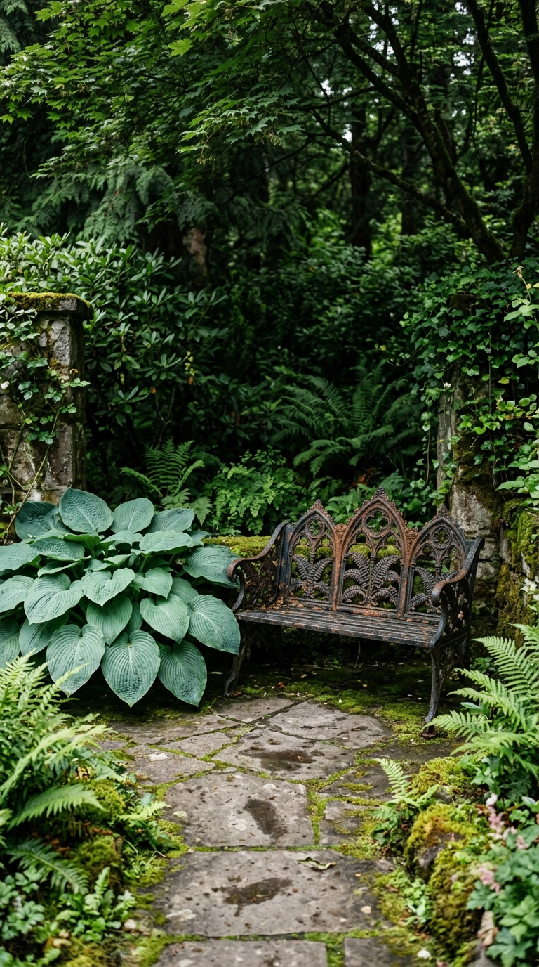 Weathered cast iron garden bench on mossy flagstone beside a large hosta in deep shade