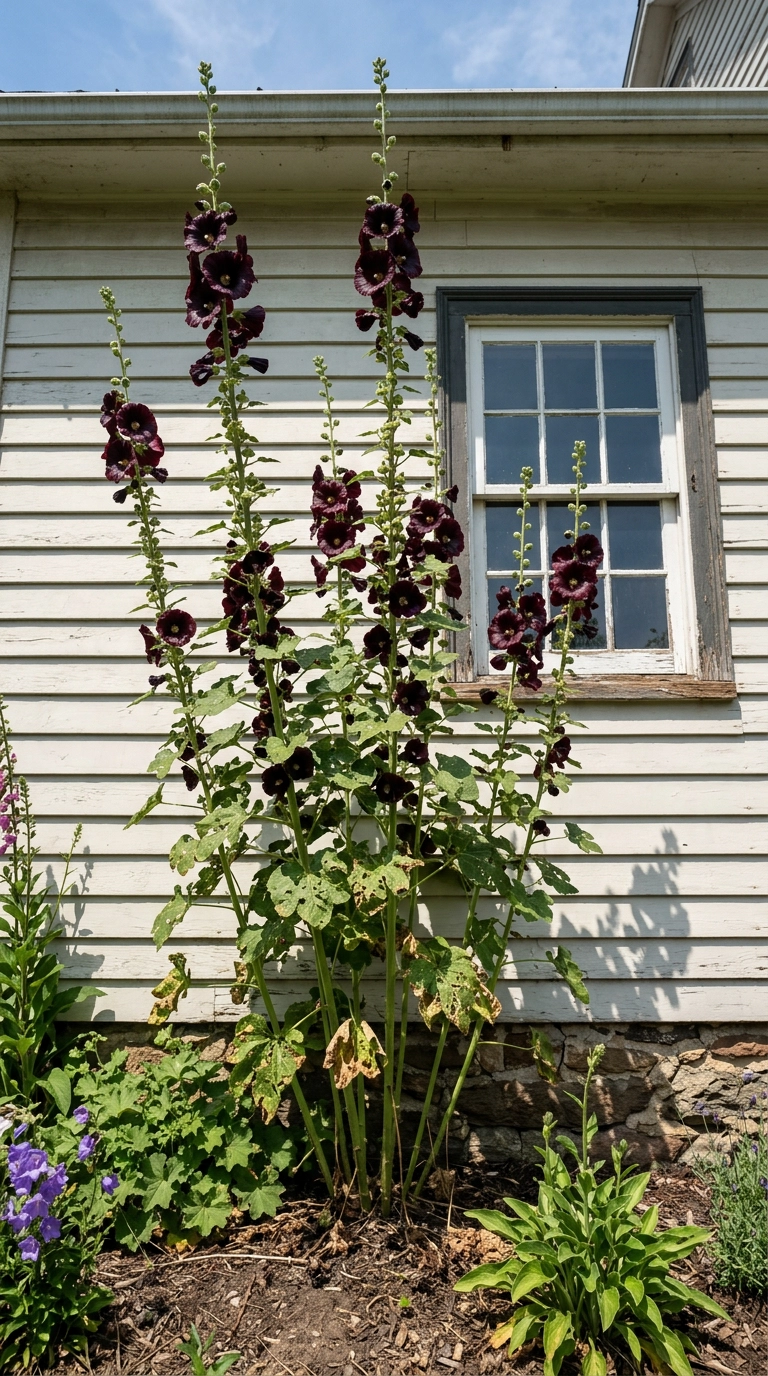 Tall black hollyhock spires blooming against pale white clapboard siding