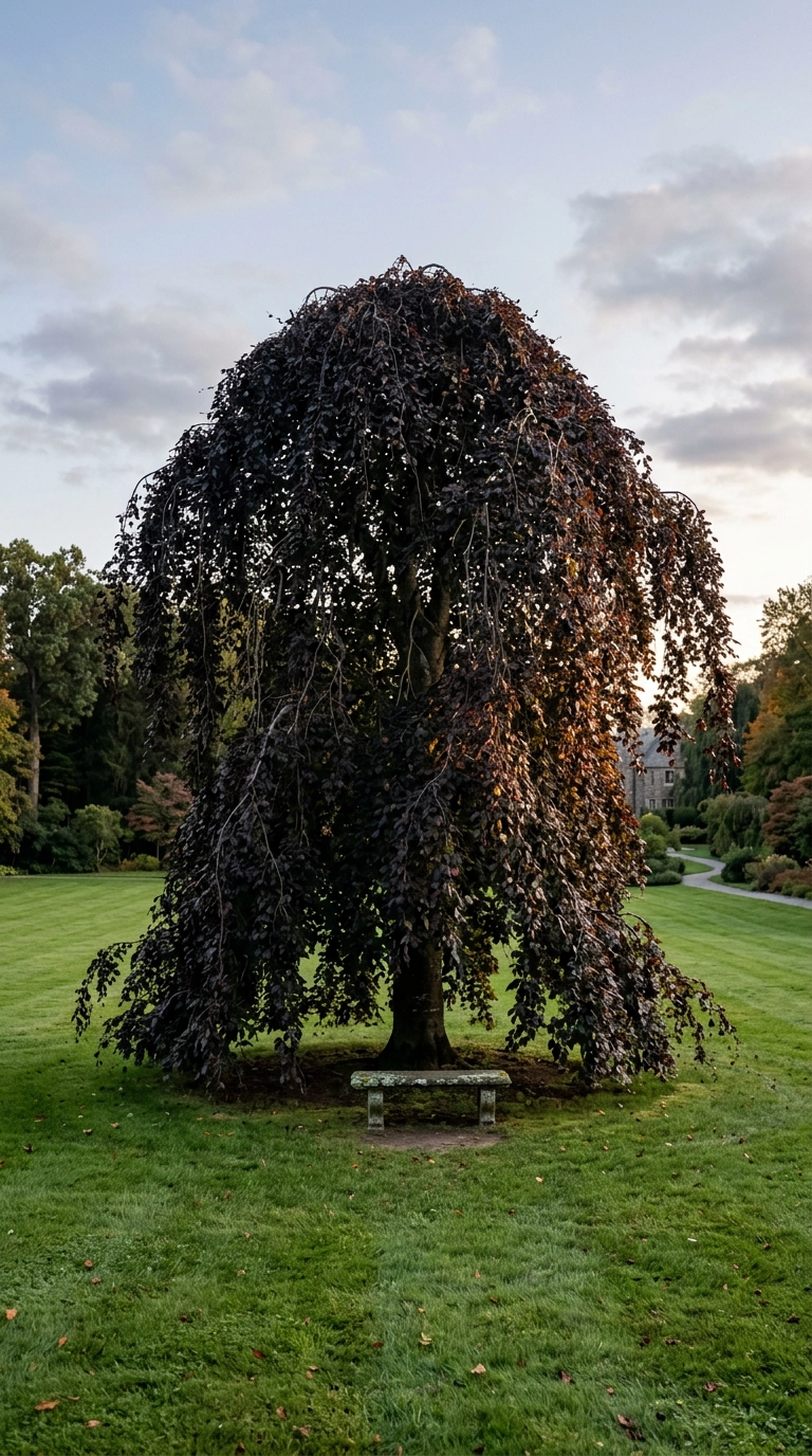 Mature weeping purple beech with cascading dark branches over a stone bench on open lawn