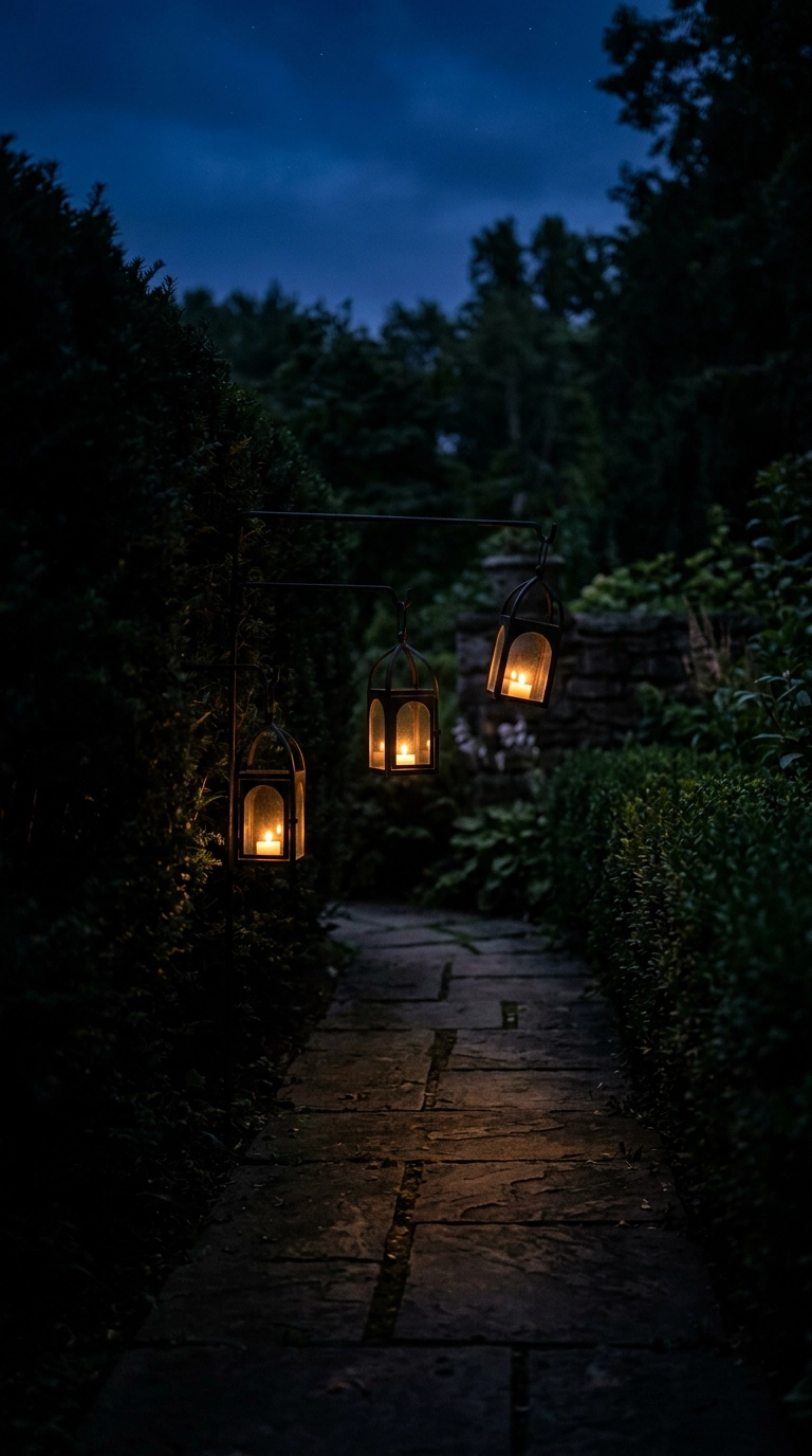 Three black iron lanterns with candles hung above a dark flagstone garden path at dusk