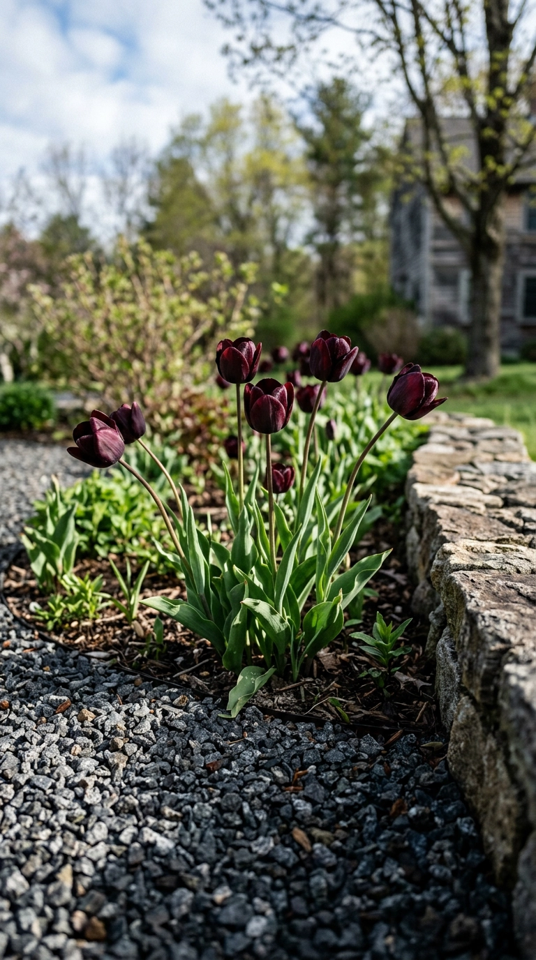 Deep maroon-black Queen of Night tulips growing in grey gravel beside a fieldstone edge