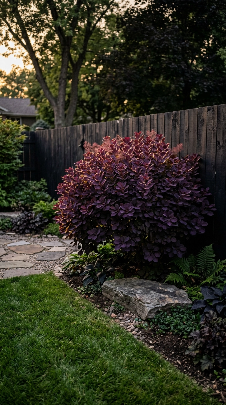 Purple-leaved smoke bush against a black-stained cedar fence in evening light