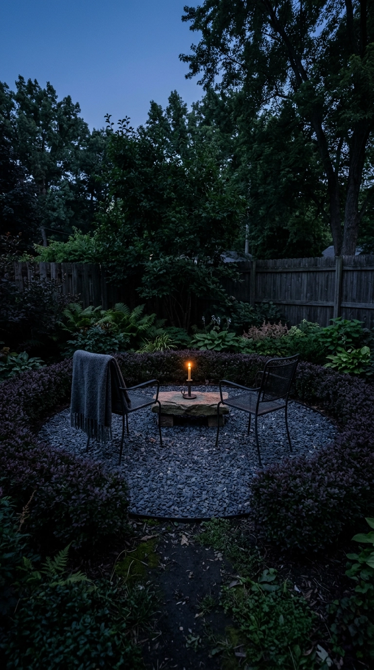Circular dark gravel sitting area with two black chairs ringed by purple ninebark at dusk