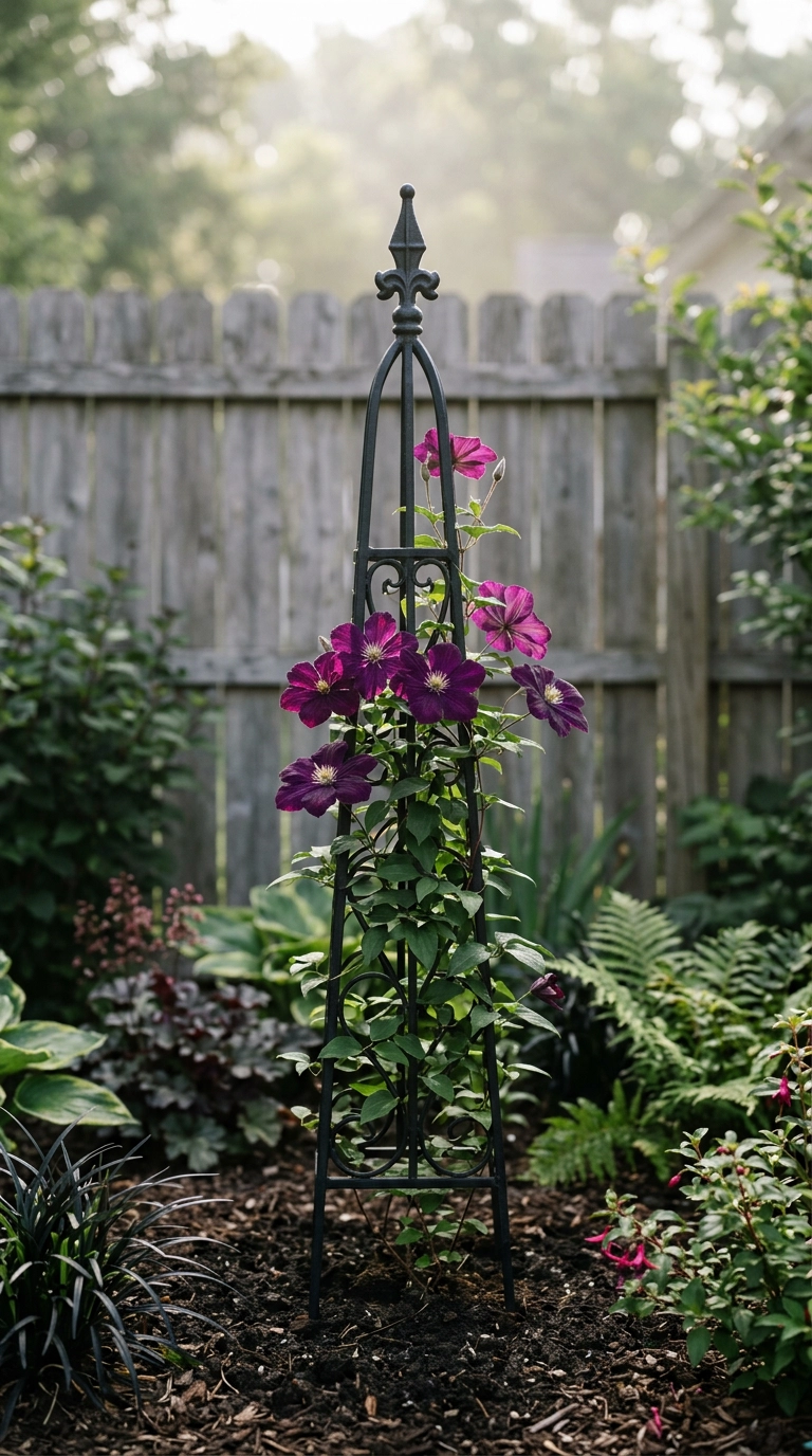 Black wrought iron obelisk with a deep purple clematis climbing it in a garden bed